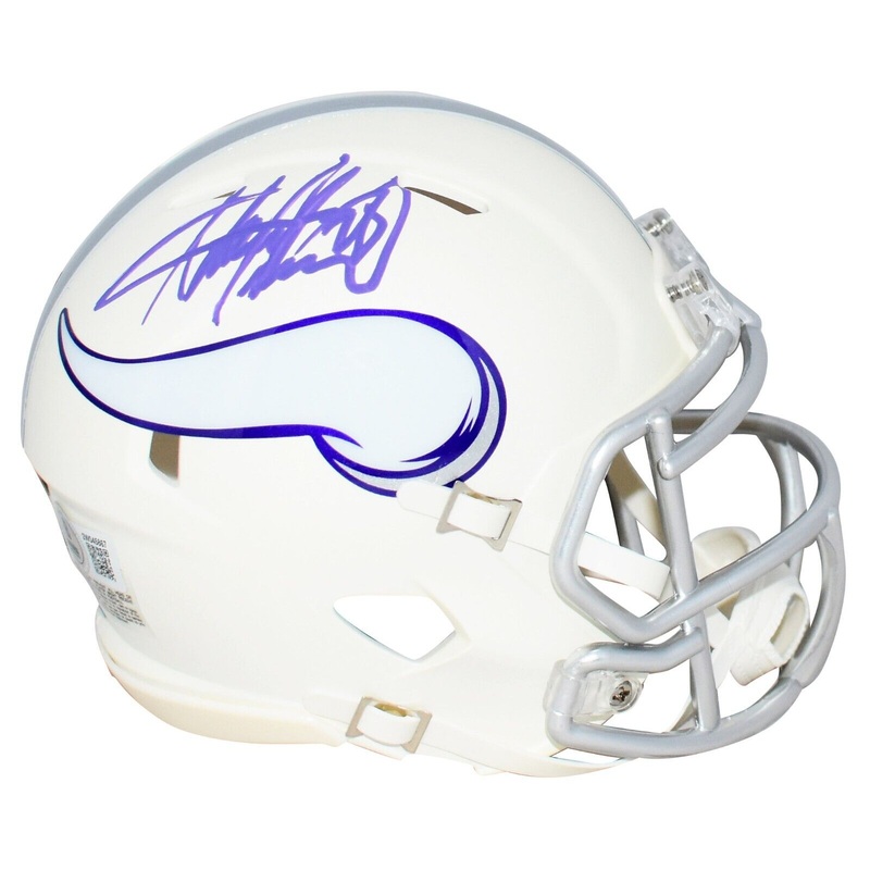 ADRIAN PETERSON SIGNED MINNESOTA VIKINGS WHITE SPEED MINI HELMET BECKETT