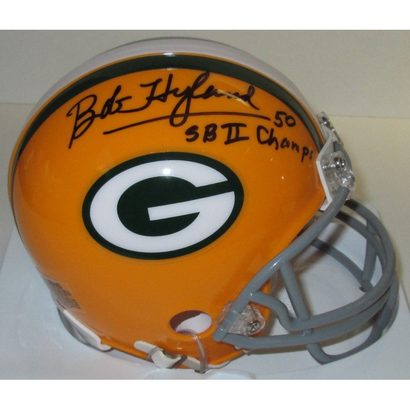 Packers BOB HYLAND Signed Throwback Mini Helmet AUTO w/ SB II CHAMPS