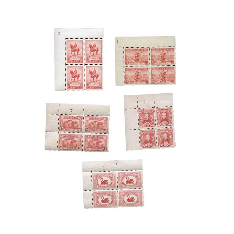 Australia 1929-35 1d & 2d Commemorative Stamps Plate Blocks of Four Set of 5 Mint Unhinged