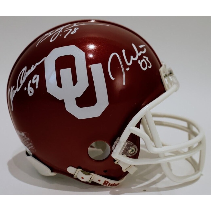 Steve Owens, BIlly Sims & Jason White Signed Oklahoma Mini Helmet – Beckett COA