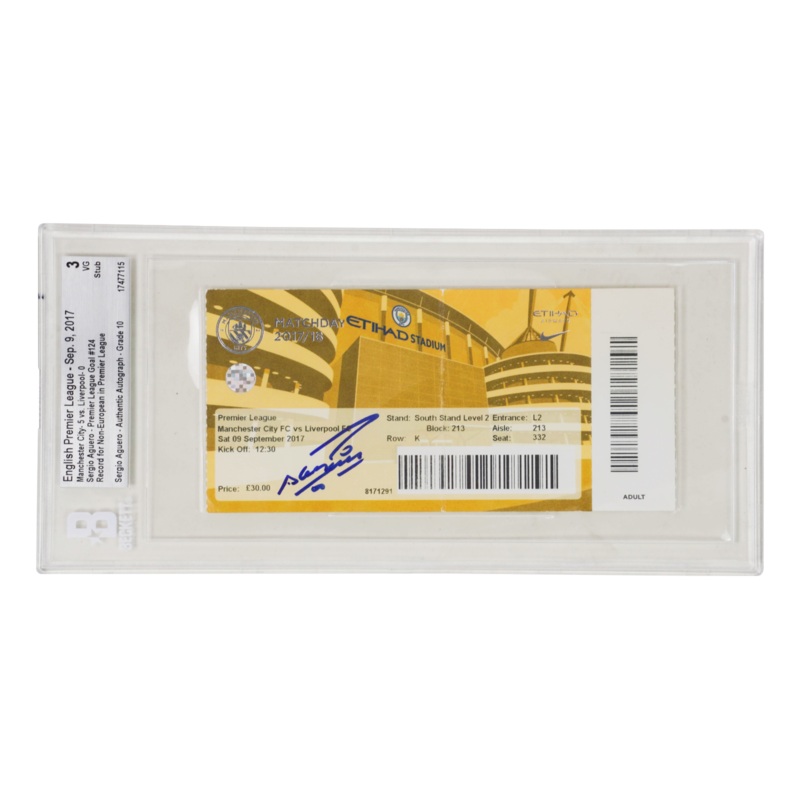 Sergio Aguero Signed 2017 EPL Goal Record For Non-European Match Ticket – BGS 3