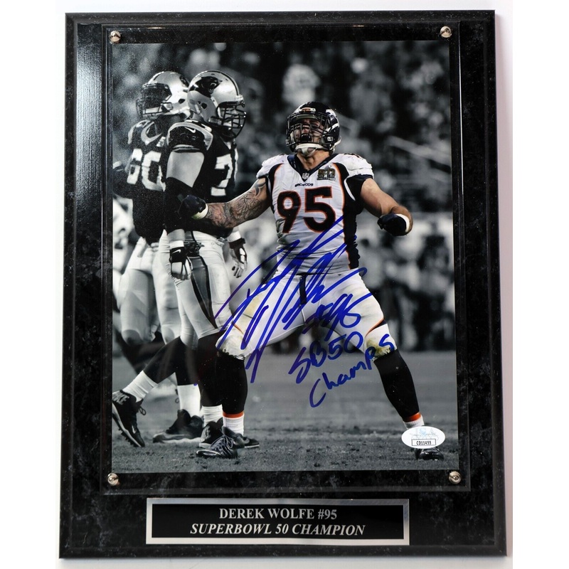 Derek Wolfe Autographed 8×10 Photo Inscribed SB 50 Champs with Plaque JSA COA
