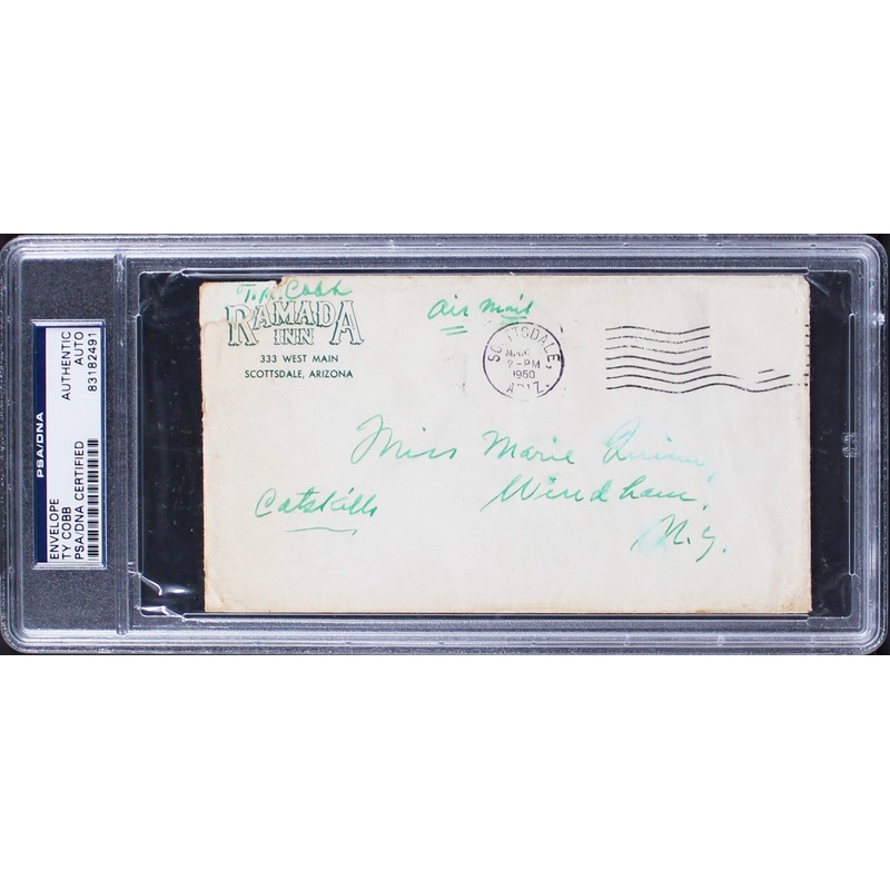 Tigers Ty Cobb Signed 3.75×6.5 Envelope Postmarked March 2nd, 1960 PSA Slabbed