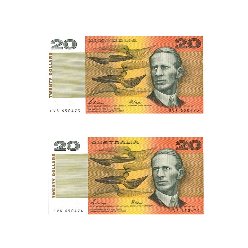 1989 R411 $20 Phillips/Fraser Banknote Consecutive Pair Uncirculated