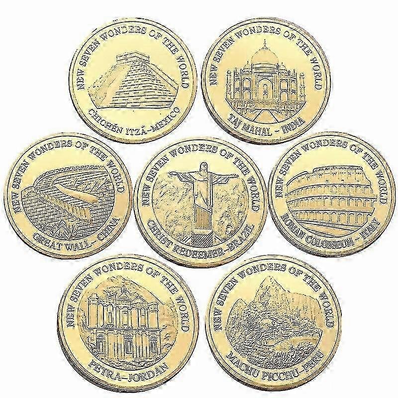 7-Piece Set of Gold-Plated Seven Wonders of the World Commemorative Coins, A Collectible Famous Buildings Art Gift and Lucky Metal Coin
